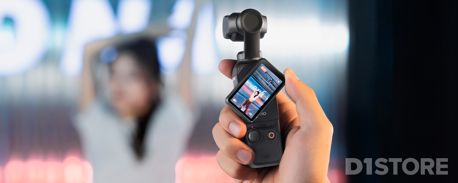 Osmo Pocket 3 gimbal camera in use with rotatable OLED touchscreen